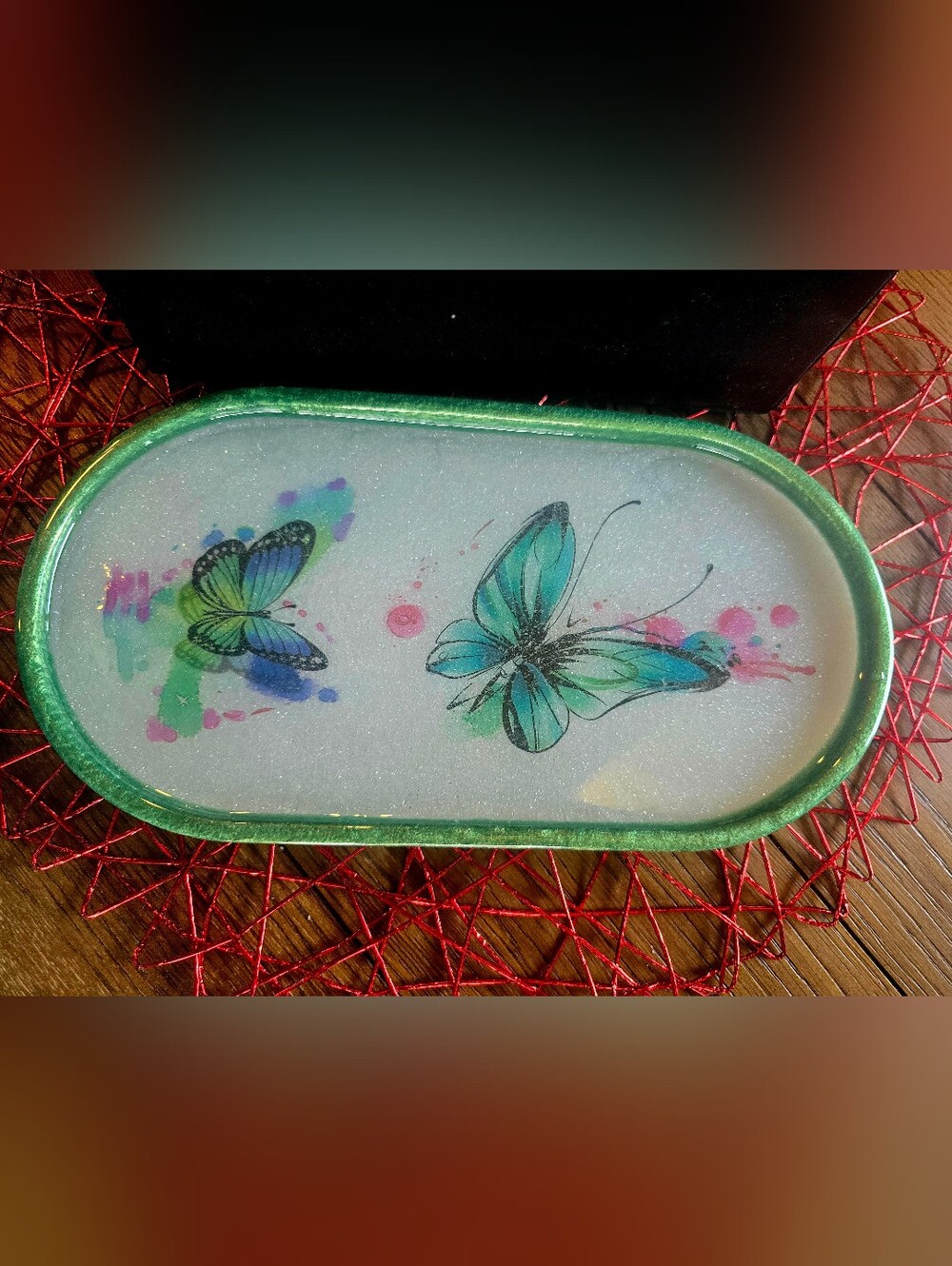 Home Art Decorative Butterfly Tray - Green Accents 11x6